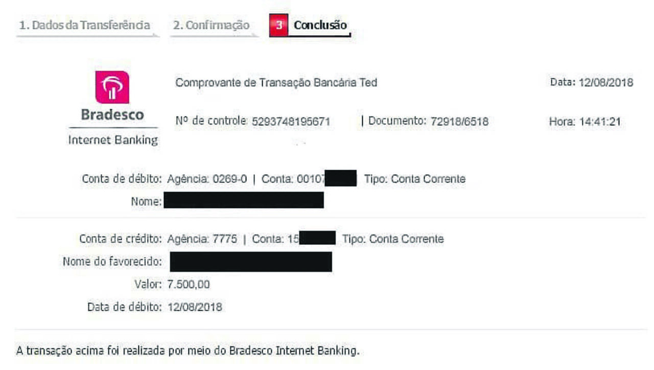 Foto: Reprodução - Comprovante falso utilizado em um dos golpes, nome da vítima e seus dados resguardados
