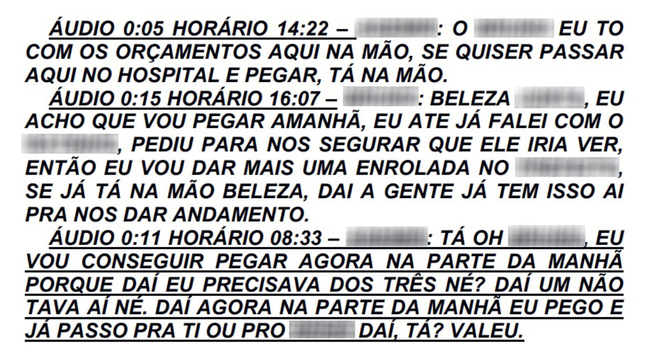 Mensagens de áudio trocadas entre empreiteiro e responsável pelas licitações de obras, em 4 de fevereiro deste ano, citadas no inquérito da Operação Cáritas – Foto: Reprodução