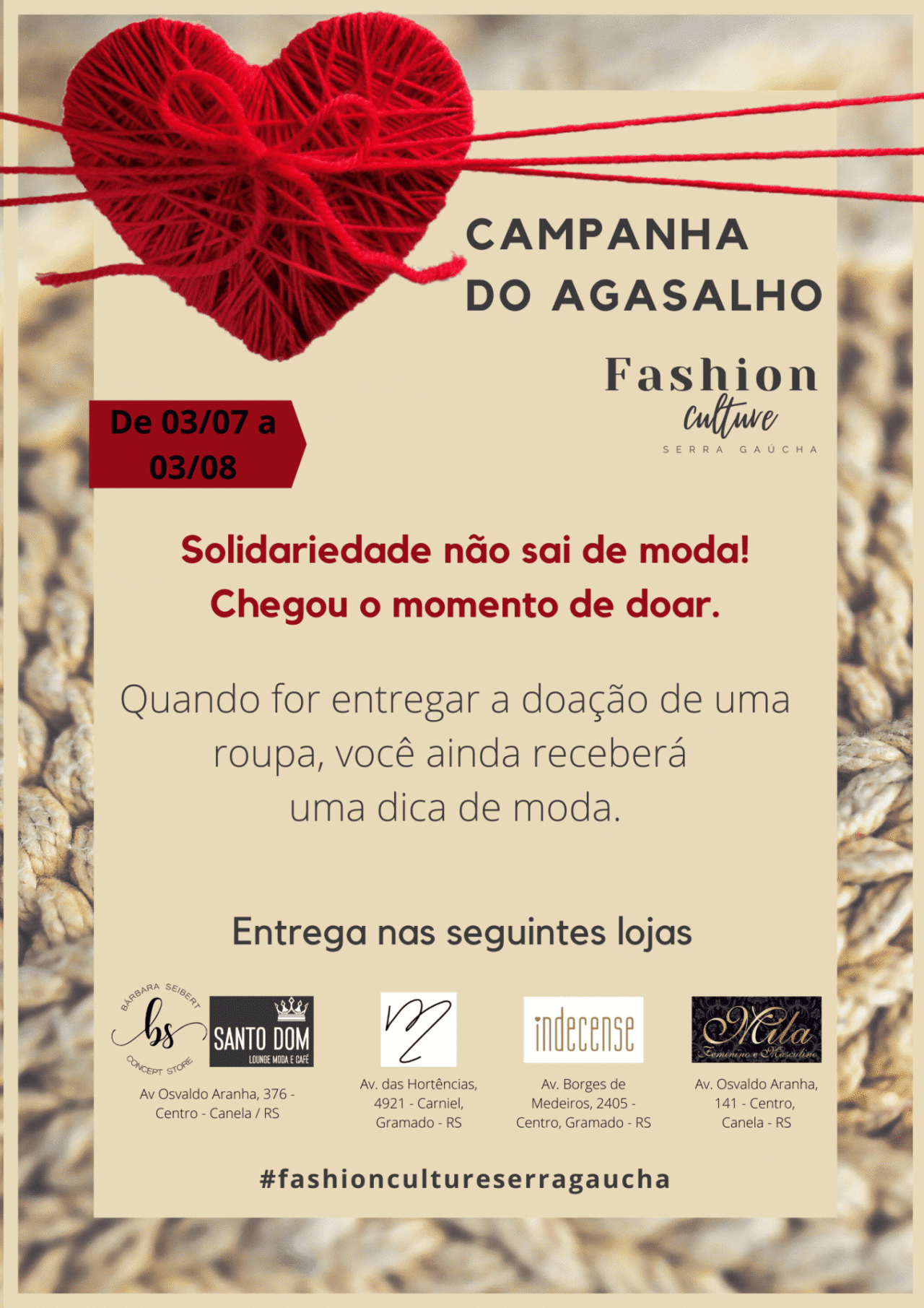 Campanha do agasalho Fashion Culture Serra Gaúcha