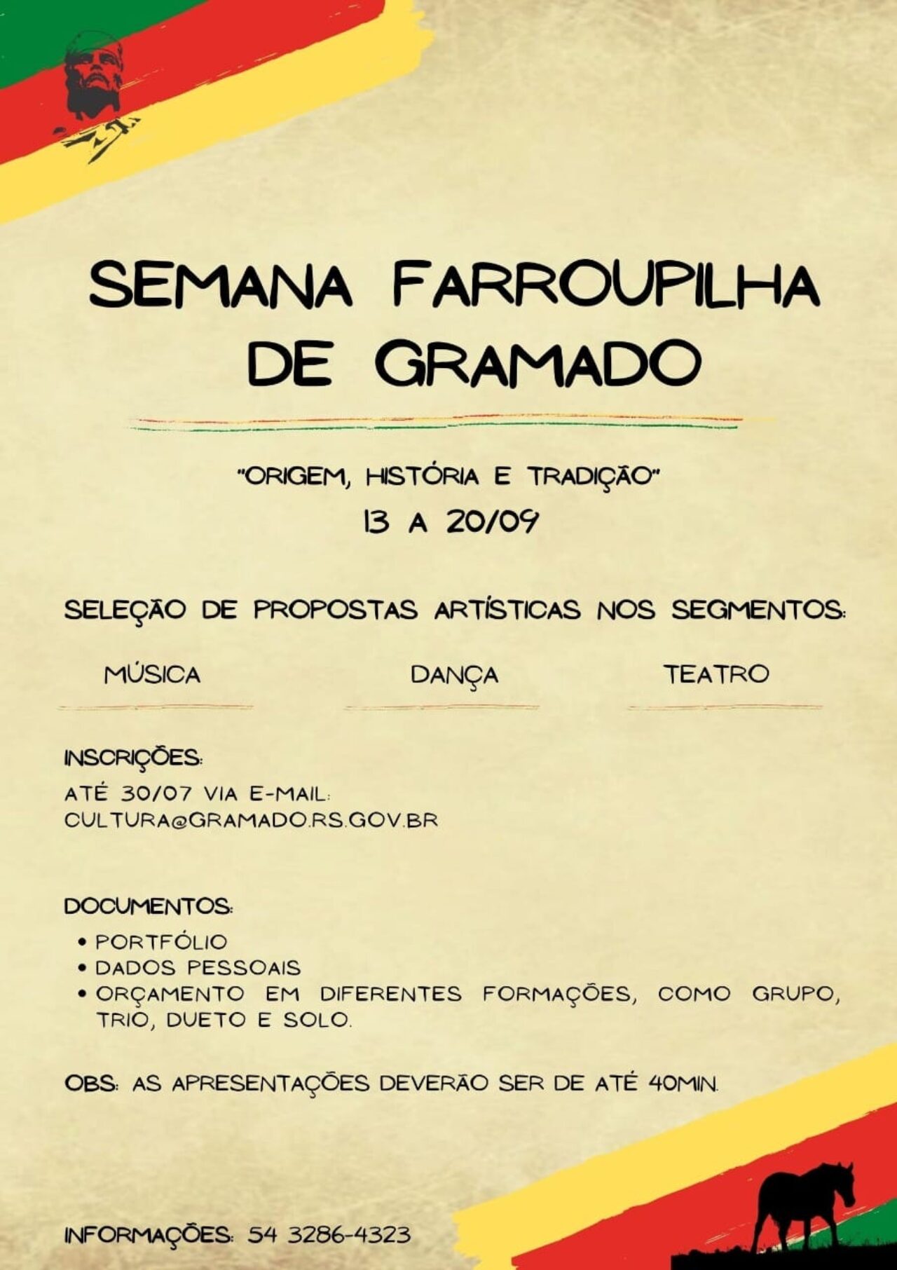 Cultura abre inscrições para seleção de propostas artísticas para a Semana Farroupilha 2021