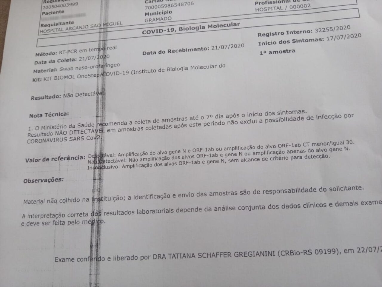 Foto: Reprodução - Exame coletado após a morte mostra que o paciente não estava com Covid-19
